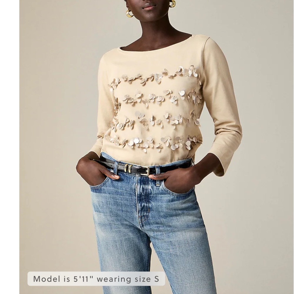 NWT J. Crew Mariner Jersey Long-sleeve T-Shirt Floral Embellished Khaki XXS & M